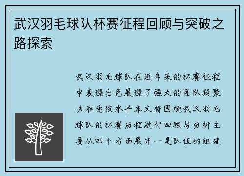 武汉羽毛球队杯赛征程回顾与突破之路探索