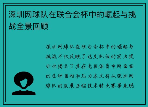 深圳网球队在联合会杯中的崛起与挑战全景回顾